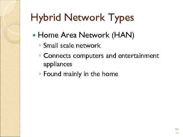 Hybrid Network Types Home Area Network (HAN) ◦ Small scale network ◦ Connects computers