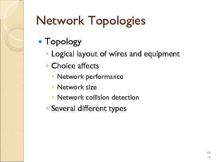 Network Topologies Topology ◦ Logical layout of wires and equipment ◦ Choice affects Network