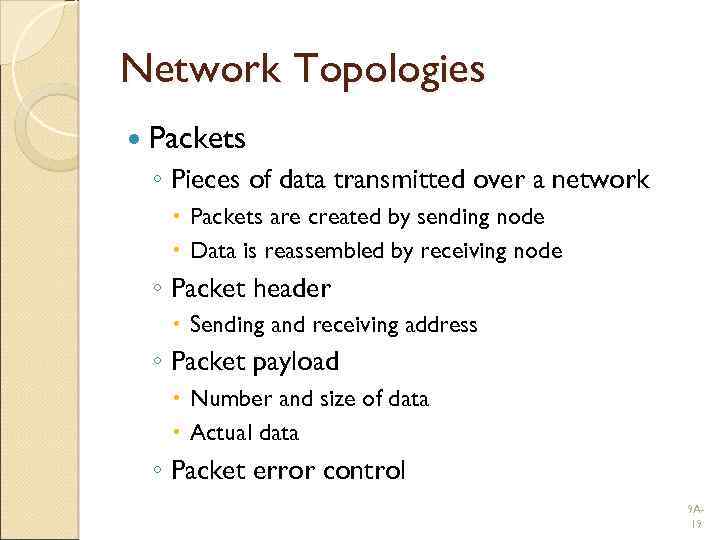 Network Topologies Packets ◦ Pieces of data transmitted over a network Packets are created