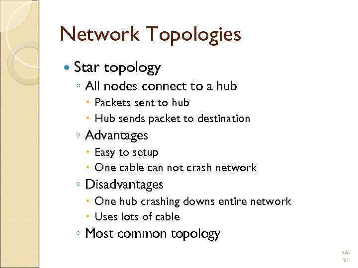 Network Topologies Star topology ◦ All nodes connect to a hub Packets sent to