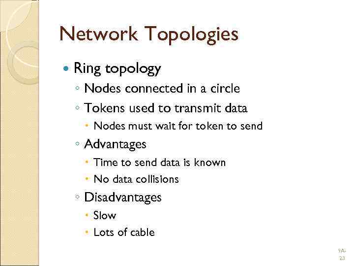 Network Topologies Ring topology ◦ Nodes connected in a circle ◦ Tokens used to