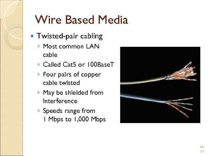 Wire Based Media Twisted-pair cabling ◦ Most common LAN cable ◦ Called Cat 5