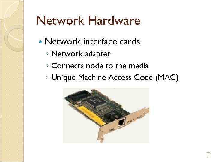 Network Hardware Network interface cards ◦ Network adapter ◦ Connects node to the media