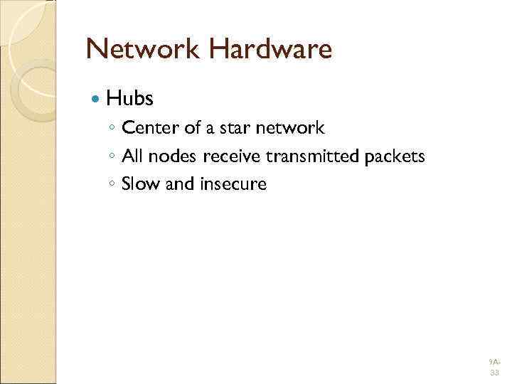 Network Hardware Hubs ◦ Center of a star network ◦ All nodes receive transmitted