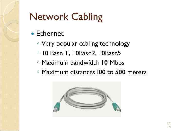 Network Cabling Ethernet ◦ Very popular cabling technology ◦ 10 Base T, 10 Base