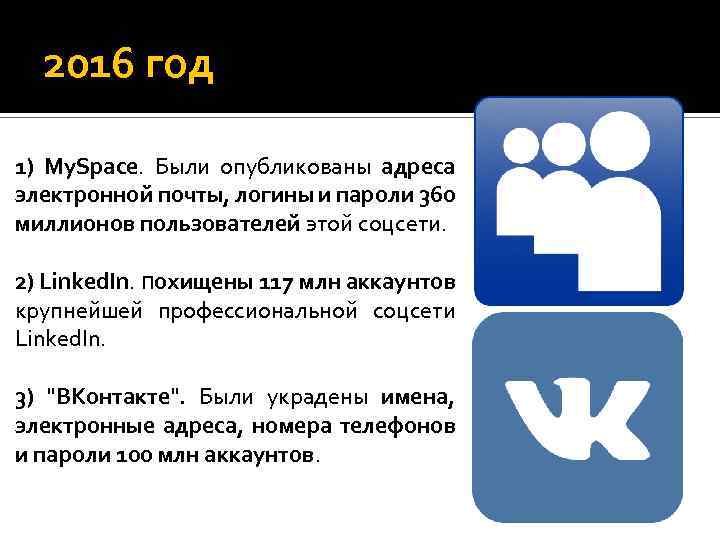 2016 год 1) My. Spaсe. Были опубликованы адреса электронной почты, логины и пароли 360
