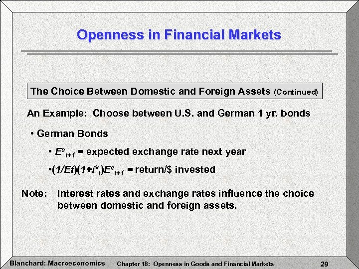 Openness in Financial Markets The Choice Between Domestic and Foreign Assets (Continued) An Example: