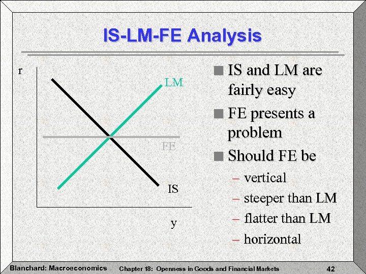 IS-LM-FE Analysis r LM FE IS y Blanchard: Macroeconomics IS and LM are fairly