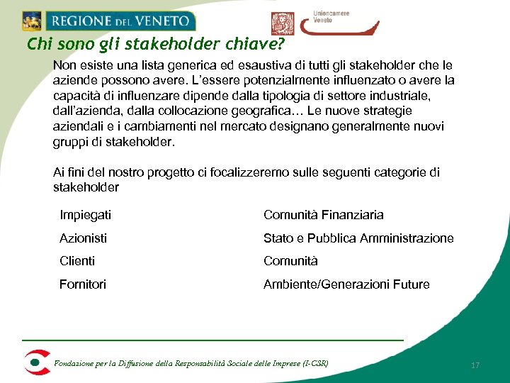 Chi sono gli stakeholder chiave? Non esiste una lista generica ed esaustiva di tutti