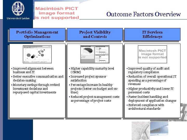 Outcome Factors Overview Portfolio Management Optimization: Project Visibility and Control: • Improved alignment between