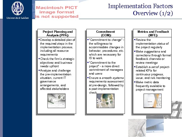Implementation Factors Overview (1/2) Project Planning and Analysis (PPA): Commitment (COM): Metrics and Feedback