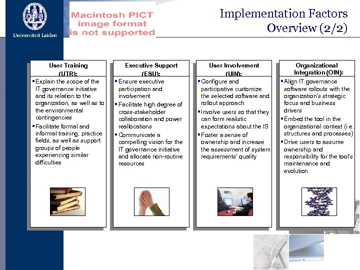 Implementation Factors Overview (2/2) User Training (UTR): § Explain the scope of the IT