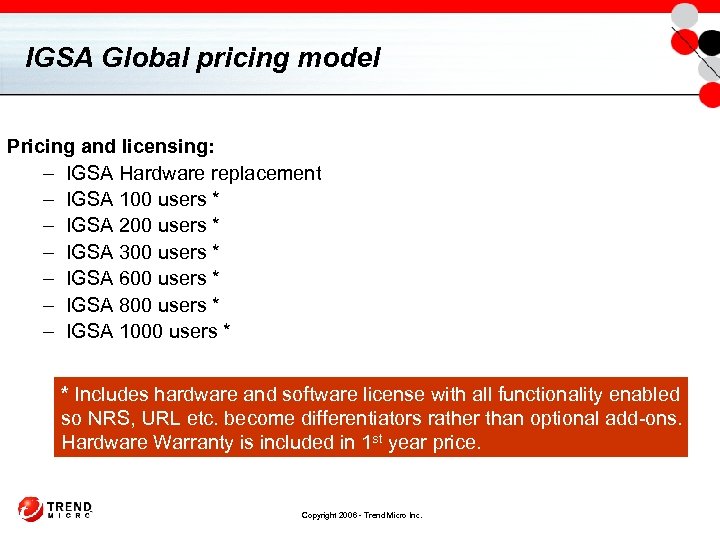 IGSA Global pricing model Pricing and licensing: – IGSA Hardware replacement – IGSA 100