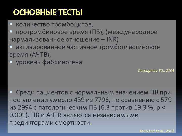 ОСНОВНЫЕ ТЕСТЫ количество тромбоцитов, протромбиновое время (ПВ), (международное нармализованное отношение – INR) активированное частичное