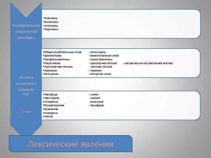 Универсальные лексические • Омонимы • Синонимы • Антонимы • Паронимы категории Лексика активного и
