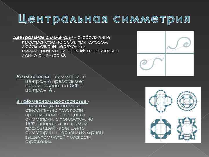 Центральная симметрия – отображение пространства на себя, при котором любая точка М переходит в