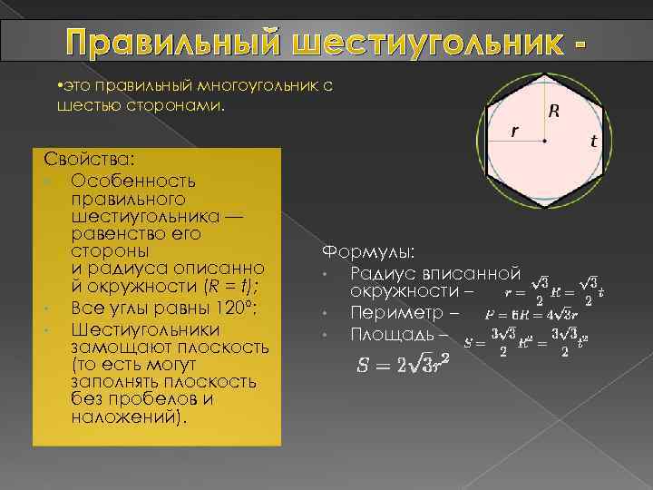 Правильный шестиугольник • это правильный многоугольник с шестью сторонами. Свойства: • Особенность правильного шестиугольника