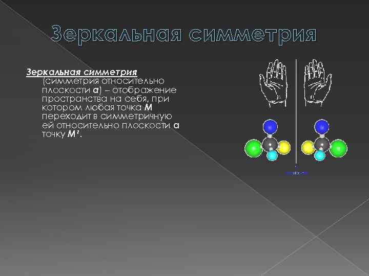 Зеркальная симметрия (симметрия относительно плоскости а) – отображение пространства на себя, при котором любая