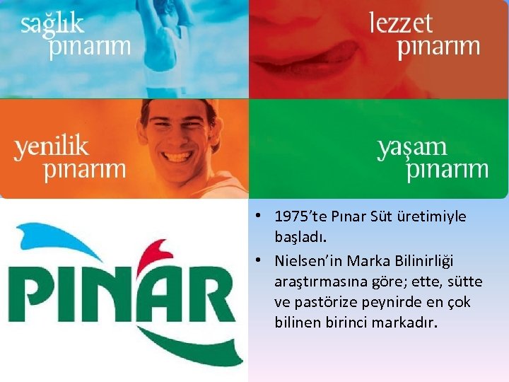  • 1975’te Pınar Süt üretimiyle başladı. • Nielsen’in Marka Bilinirliği araştırmasına göre; ette,