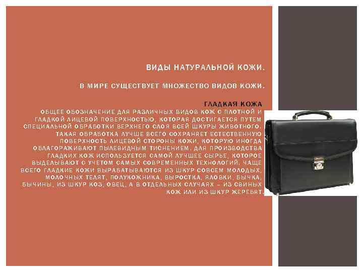 ВИДЫ НАТУРАЛЬНОЙ КОЖИ. В МИРЕ СУЩЕСТВУЕТ МНОЖЕСТВО ВИДОВ КОЖИ. ГЛАДКАЯ КОЖА ОБЩЕЕ ОБОЗНАЧЕНИЕ ДЛЯ
