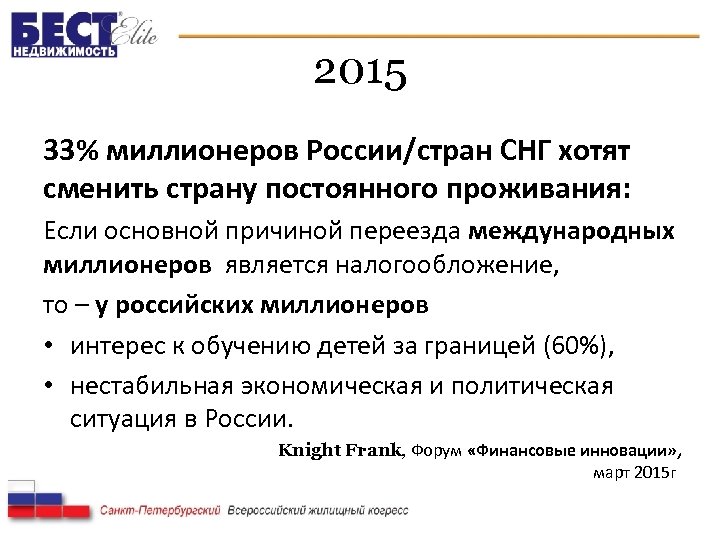 2015 33% миллионеров России/стран СНГ хотят сменить страну постоянного проживания: Если основной причиной переезда