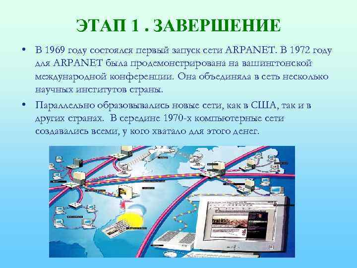 ЭТАП 1. ЗАВЕРШЕНИЕ • В 1969 году состоялся первый запуск сети ARPANET. В 1972