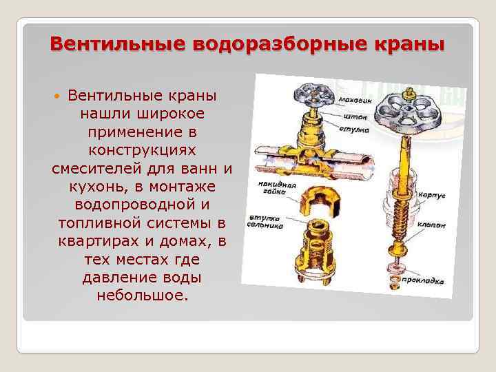 Вентильные водоразборные краны Вентильные краны нашли широкое применение в конструкциях смесителей для ванн и