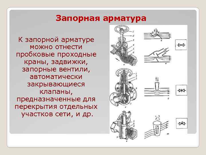 Запорная арматура К запорной арматуре можно отнести пробковые проходные краны, задвижки, запорные вентили, автоматически