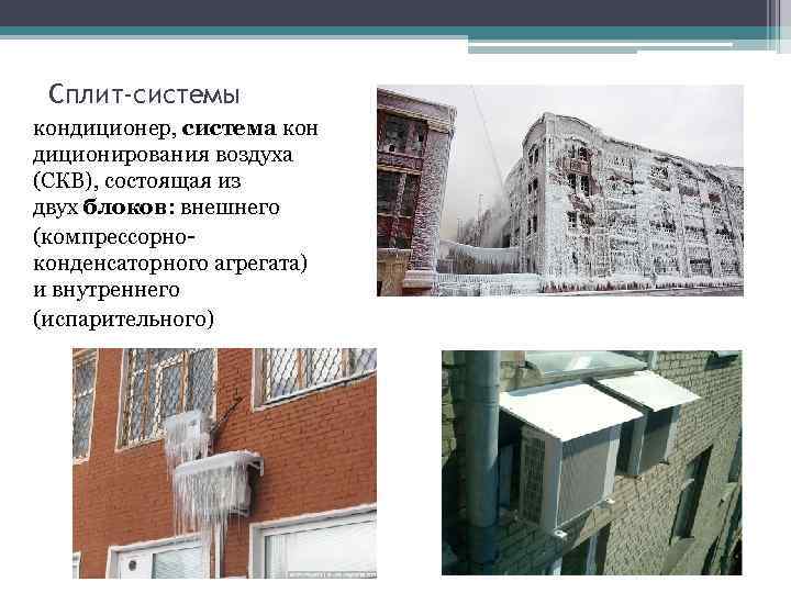 Сплит-системы кондиционер, система кон диционирования воздуха (СКВ), состоящая из двух блоков: внешнего (компрессорноконденсаторного агрегата)