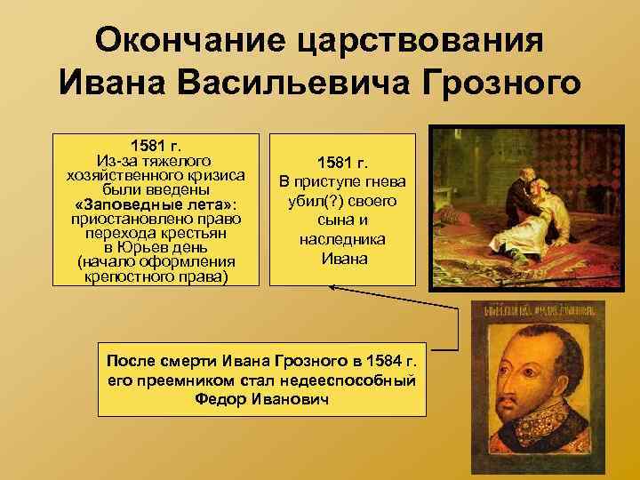 Окончание царствования Ивана Васильевича Грозного 1581 г. Из-за тяжелого хозяйственного кризиса были введены «Заповедные