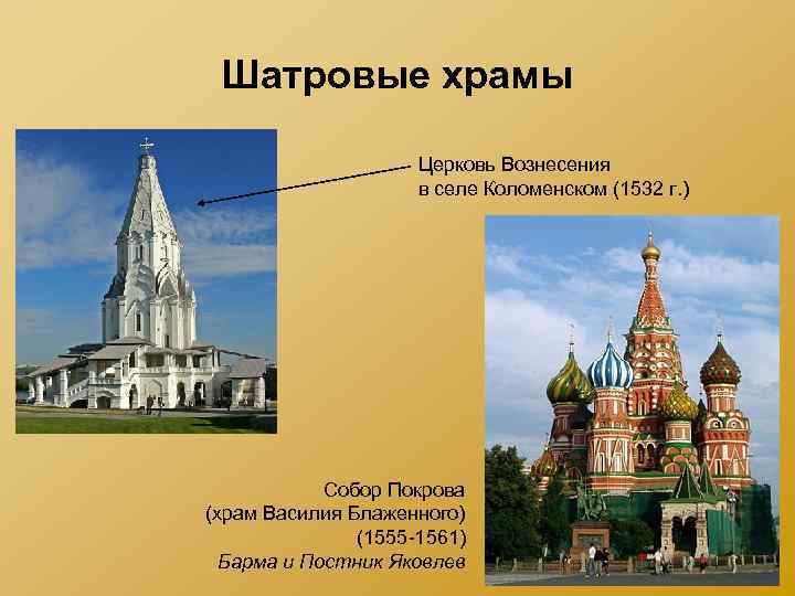 Шатровые храмы Церковь Вознесения в селе Коломенском (1532 г. ) Собор Покрова (храм Василия