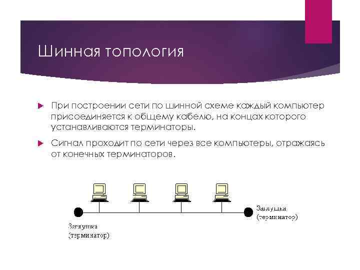 При построении сети по данной схеме каждый компьютер подсоединяется к общему кабелю на концах