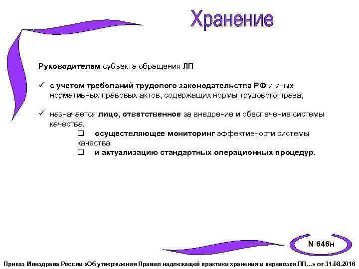 Руководителем субъекта обращения ЛП ü с учетом требований трудового законодательства РФ и иных нормативных