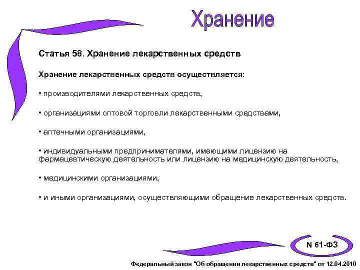 Статья 58. Хранение лекарственных средств осуществляется: • производителями лекарственных средств, • организациями оптовой торговли