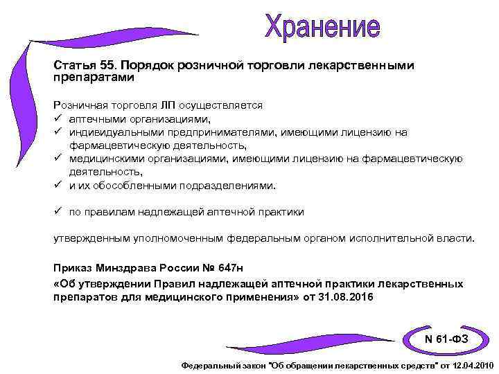 Статья 55. Порядок розничной торговли лекарственными препаратами Розничная торговля ЛП осуществляется ü аптечными организациями,