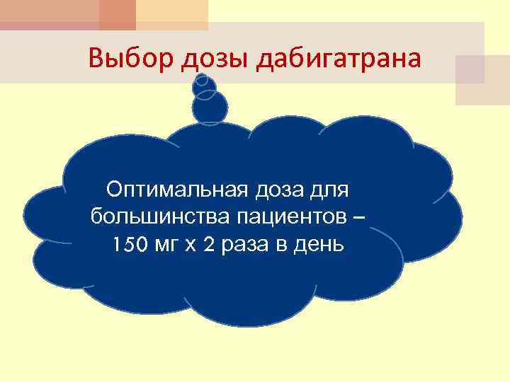 Выбор дозы дабигатрана Оптимальная доза для большинства пациентов – 150 мг х 2 раза