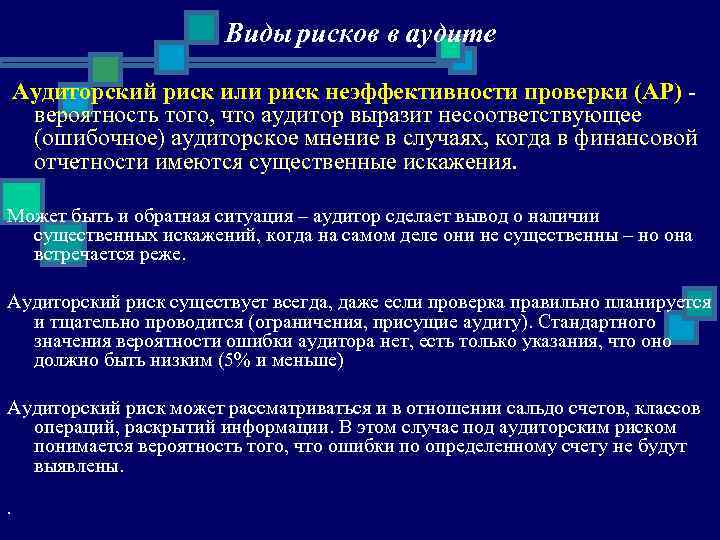 Виды рисков в аудите Аудиторский риск или риск неэффективности проверки (АР) вероятность того, что