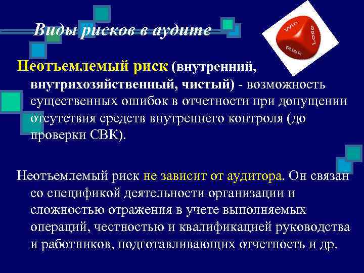 Виды рисков в аудите Неотъемлемый риск (внутренний, внутрихозяйственный, чистый) - возможность существенных ошибок в