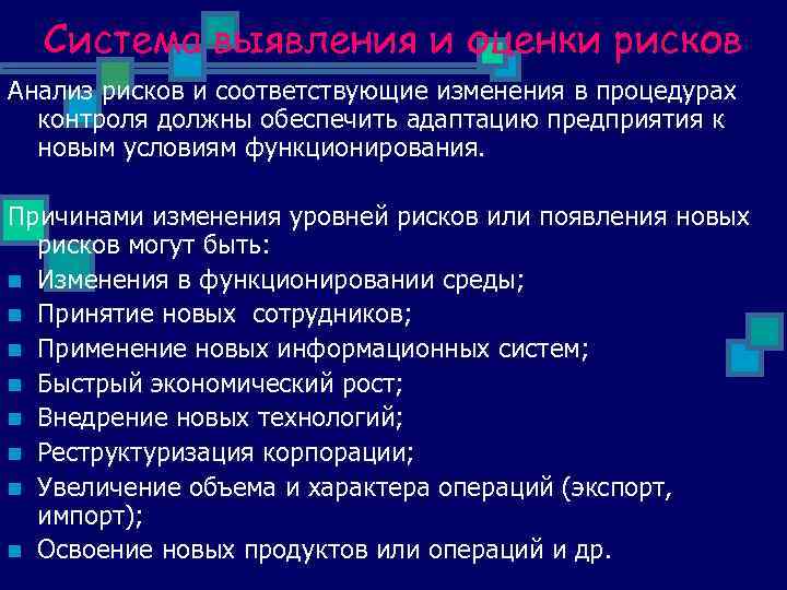 Система выявления и оценки рисков Анализ рисков и соответствующие изменения в процедурах контроля должны