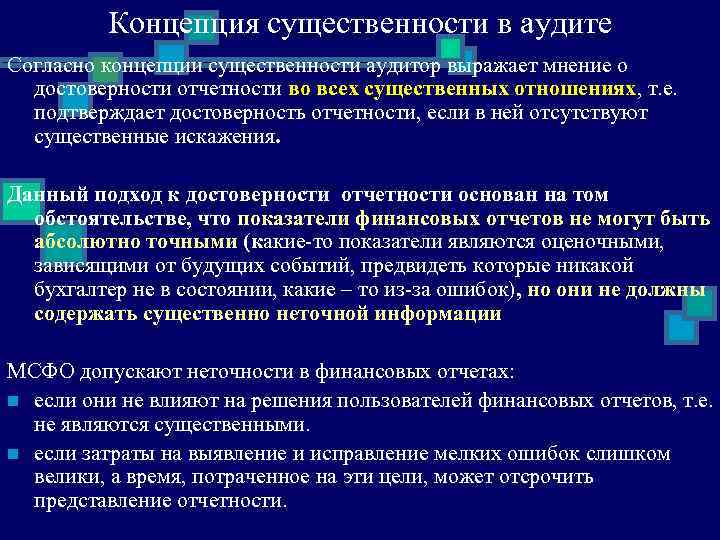 Концепция существенности в аудите Согласно концепции существенности аудитор выражает мнение о достоверности отчетности во