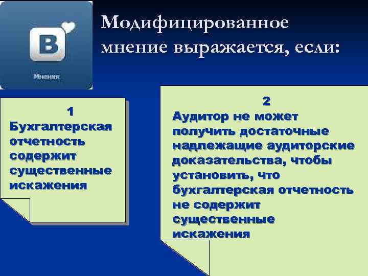 Модифицированное мнение выражается, если: 1 Бухгалтерская отчетность содержит существенные искажения 2 Аудитор не может