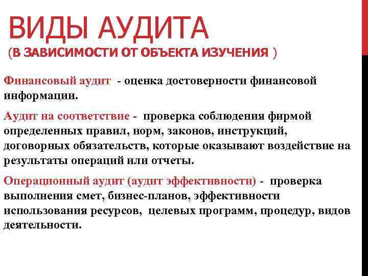ВИДЫ АУДИТА (В ЗАВИСИМОСТИ ОТ ОБЪЕКТА ИЗУЧЕНИЯ ) Финансовый аудит - оценка достоверности финансовой