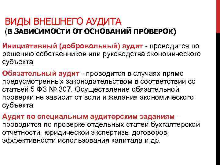 ВИДЫ ВНЕШНЕГО АУДИТА (В ЗАВИСИМОСТИ ОТ ОСНОВАНИЙ ПРОВЕРОК) Инициативный (добровольный) аудит - проводится по