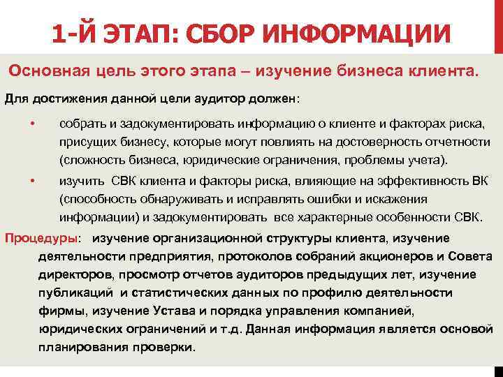 1 -Й ЭТАП: СБОР ИНФОРМАЦИИ Основная цель этого этапа – изучение бизнеса клиента. Для
