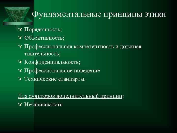 Фундаментальные принципы этики Ú Порядочность; Ú Объективность; Ú Профессиональная компетентность и должная тщательность; Ú