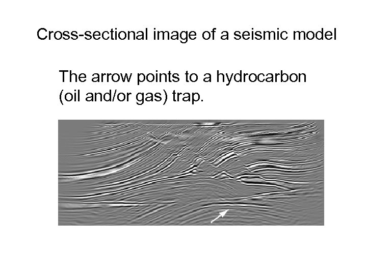 Cross-sectional image of a seismic model The arrow points to a hydrocarbon (oil and/or