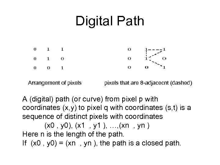 Digital Path Arrangement of pixels that are 8 -adjacecnt (dashed) A (digital) path (or