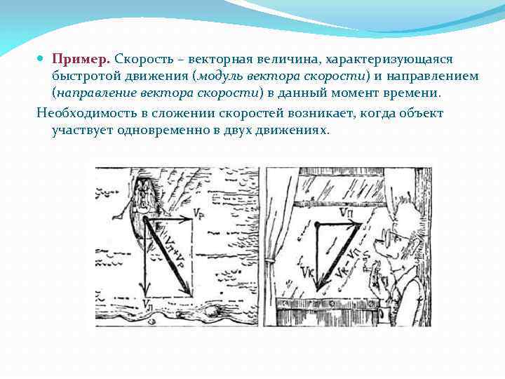  Пример. Скорость – векторная величина, характеризующаяся быстротой движения (модуль вектора скорости) и направлением