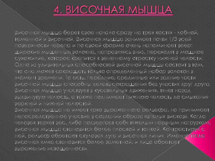 4. ВИСОЧНАЯ МЫШЦА Височная мышца берет свое начало сразу на трех костях - лобной,