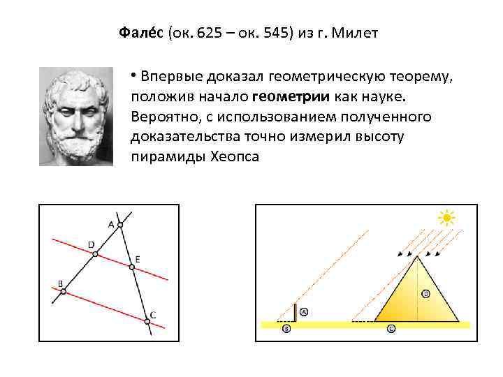 Фалéс (ок. 625 – ок. 545) из г. Милет • Впервые доказал геометрическую теорему,